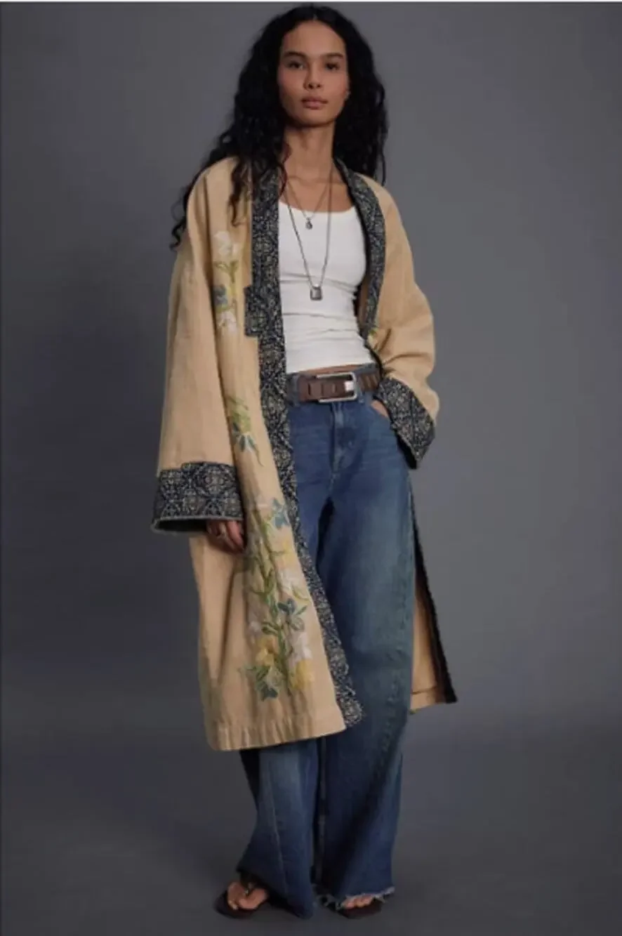 Free People Henlow Embroidered Relaxed Oversized Duster Jacket Sz XS/Small